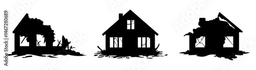 Isolated silhouettes of damaged residential houses with missing roofs and broken walls, partially collapsed structures after airstrike, shelling, or earthquake. War or disaster aftermath scenes.