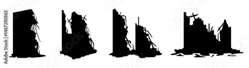Set of silhouettes of low-rise ruined buildings with collapsed walls and scattered debris. Structures partially standing after heavy shelling, earthquake, or bomb blast in urban war or disaster zones.