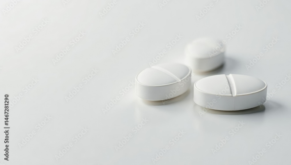 Close-up of several white pills on a clean, white surface , bright, tablets Close-up of several white pills on a clean, white surface , bright, tablets