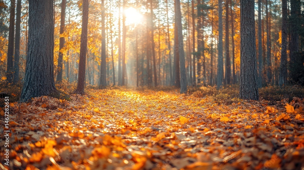 Obraz premium Finnish autumn forest with warm sunlight shining on golden leaves
