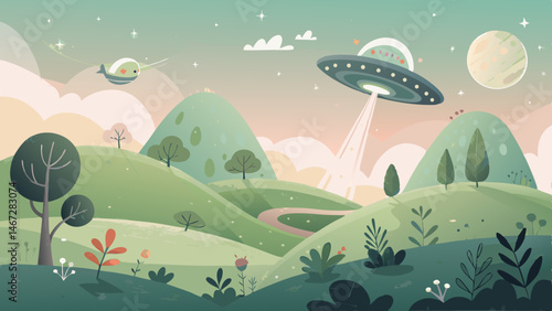 *"Whimsical Alien Landscape – Luminous Floating Orbs & Green Hills Against Pastel Sky for World UFO Day with Copy Space"