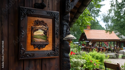 84. Polish countryside restaurant sign with wooden frame