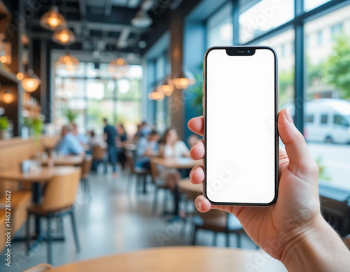 Man holding a smartphone with a blank screen, seated inside a modern café. The background is softly blurred.