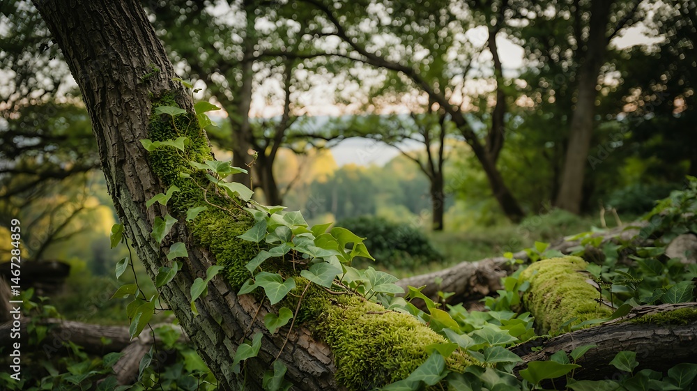 Fototapeta premium Forest Tree Trunk Covered In Moss And Ivy