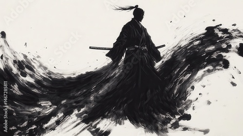 Minimalist Ink Painting of a Lone Samurai