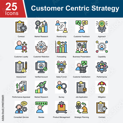 Customer Centric Strategy is a collection of icons focusing on strategies and processes that prioritize customer relationships, loyalty, retention, and satisfaction to improve business performance.
