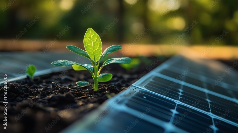 Sprout on solar panel representing eco-friendly power, renewable resources, and the future of sustainable environmental technology