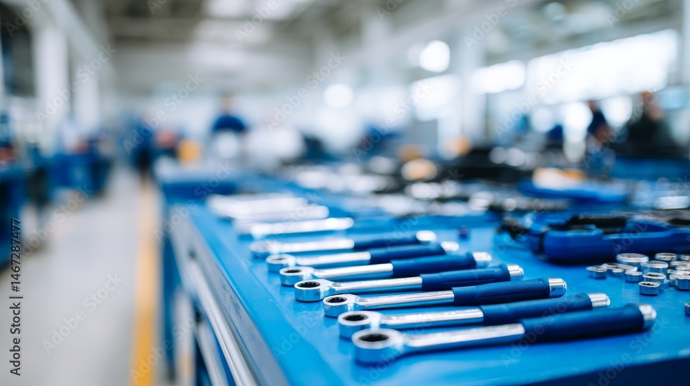 Fototapeta premium Neatly arranged mechanic tools on a workstation in a well-lit garage, highlighting the automotive environment with clear organization and clean aesthetics