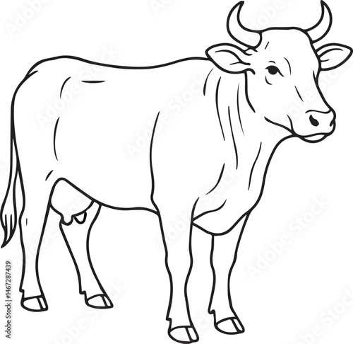 Cow vector illustration on white background, silhouette, line art, outline, icon black and white