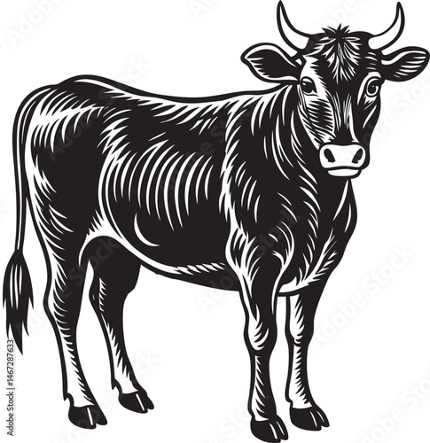 Cow vector illustration on white background, silhouette, line art, outline, icon black and white