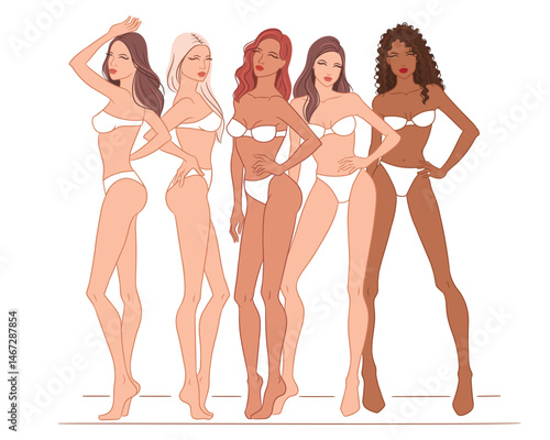 Fashion croquis template featuring five female models posing in a stylish group composition. Perfect for fashion designers and illustrators to create clothing designs and fashion collections.