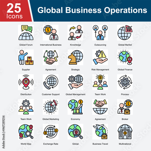 Global Business Operations is a collection of icons illustrating international business processes, outsourcing strategies, global supply chain management, risk management, and the dynamics of global.
