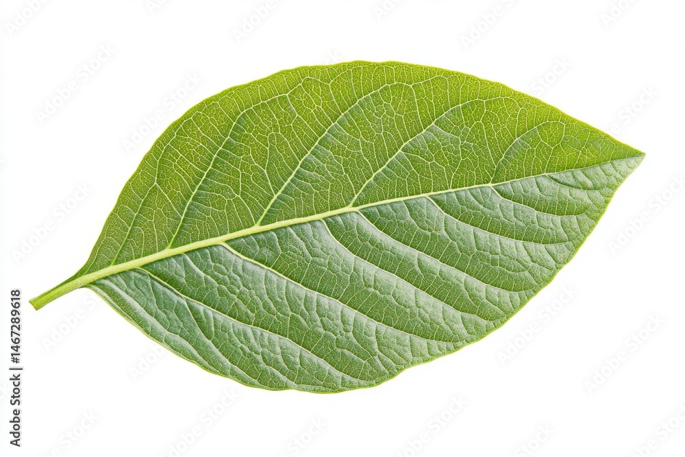 Obraz premium Single vibrant green leaf on white background
