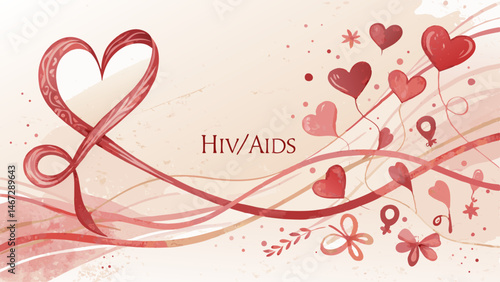 *Soft watercolor texture with flowing red lines, hand-painted hearts and ribbons, heartfelt HIV/AIDS tribute with copy space* 