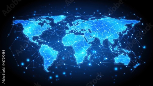 Global Connectivity Network, A Digital World Map with Data Points Representing International Connections and Communication Infrastructure