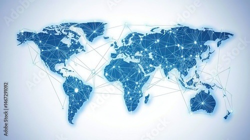 Global network futuristic blue world map with digital connections representing worldwide communication and technological advancement