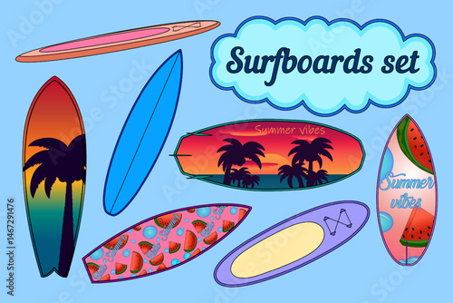 Colorful summer surfboard set with tropical sunset, watermelon patterns, palm trees and beach themed illustrations on a blue background. Ideal for summertime, ocean activity, sport and outdoor design.