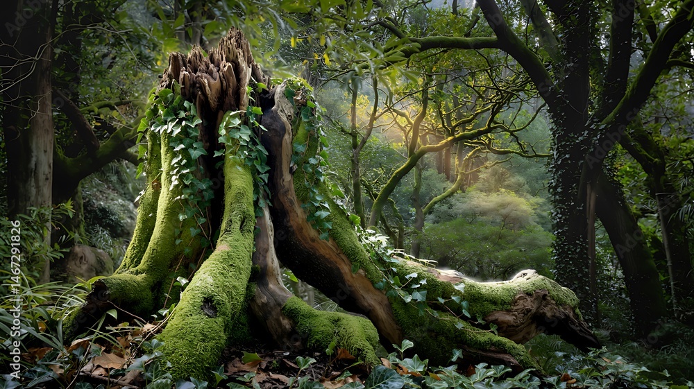 Mystical Forest Scene With Moss Covered Tree Stump And Lush Green Vegetation Serene Woodland Environment Sunlight Filtering Through The Trees Tranquil Nature Photography Mystical Forest Scene With Moss Covered Tree Stump And Lush Green Vegetation Serene Woodland Environment Sunlight Filtering Through The Trees Tranquil Nature Photography