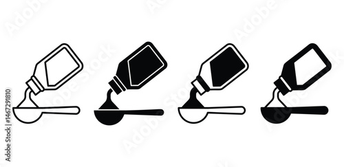Pouring Bottle Syrup Icon Set Featuring Liquid Dispensing Into a Spoon Vector Design Illustration Set