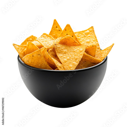 Crispy Tortilla Chips in a Black Bowl A Delicious Snack against transparent background