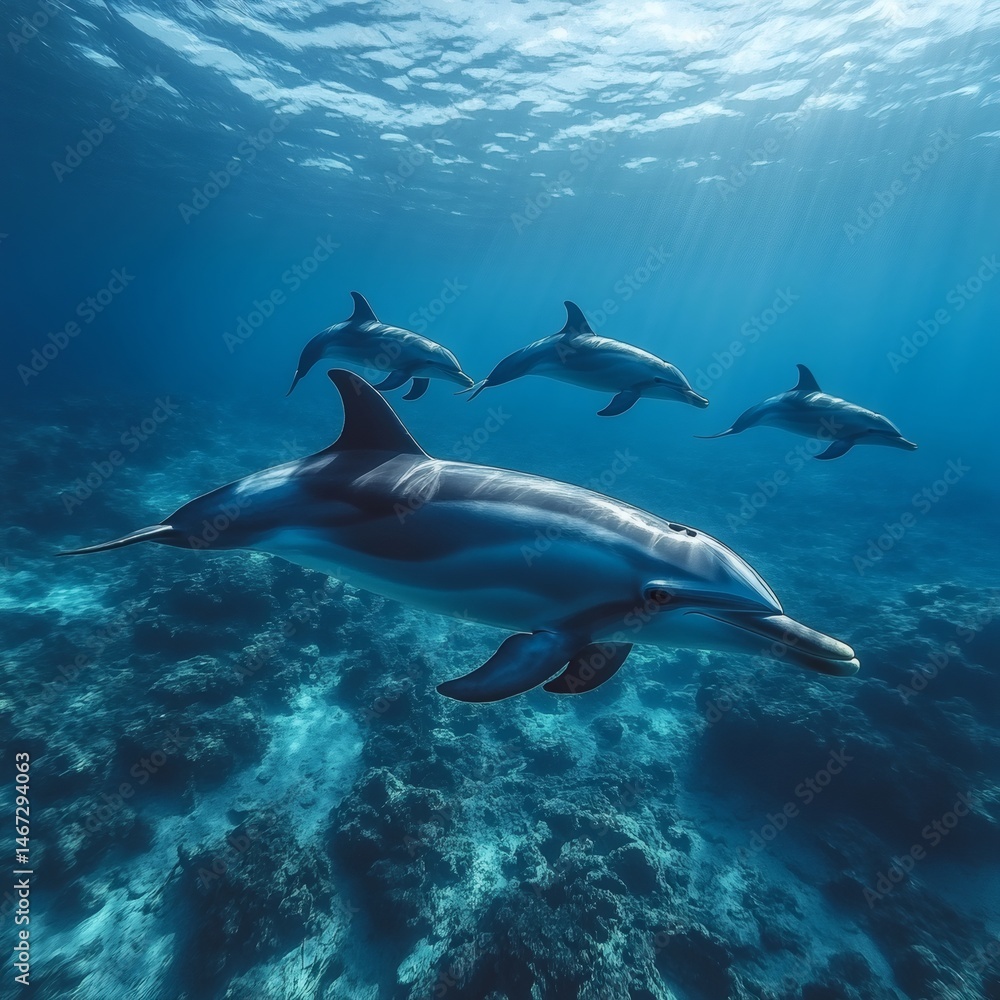 Obraz premium Group of Dolphins Swimming Gracefully in a Deep Blue Ocean