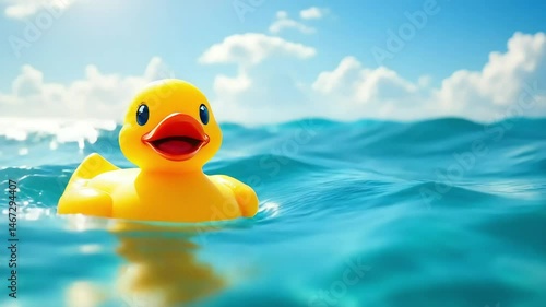 Cheerful yellow rubber duck floating in the ocean on a sunny summer day