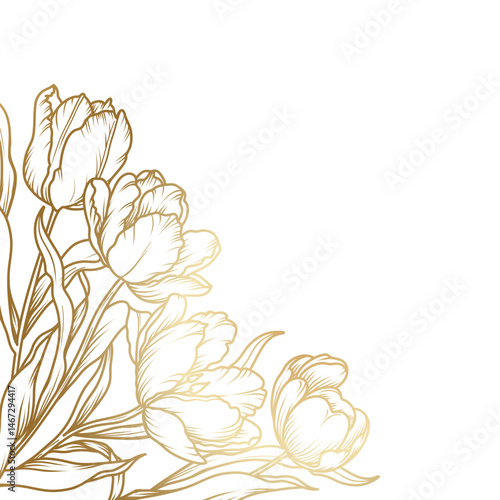 Floral frame with tulip bouquet. Corner decoration with golden flowers, branches and leaves in line art style. Vector illustration for wedding invitation, card, banner, advertisement, packaging