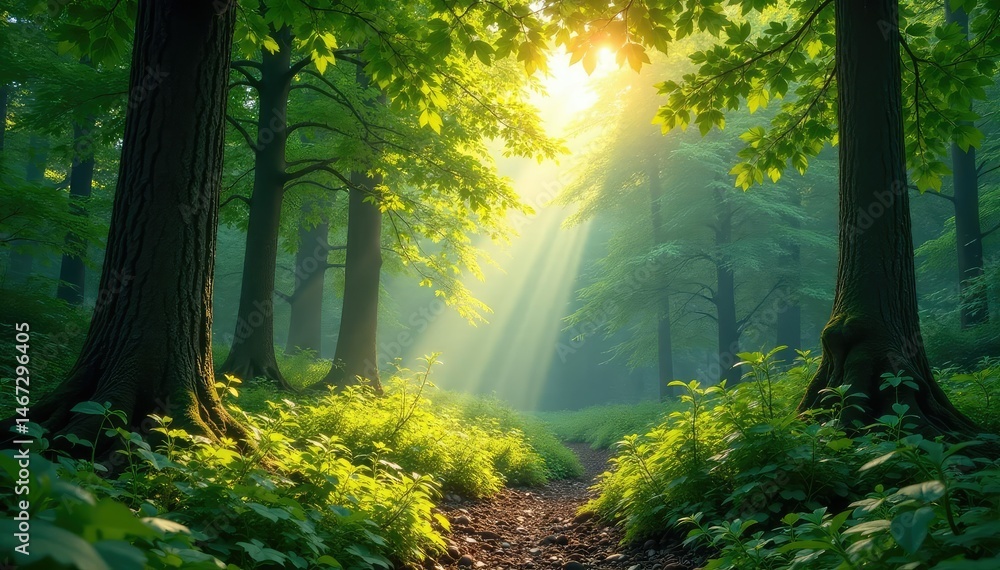 Fototapeta premium Serene forest scene with dappled sunlight filtering through leaves , calm, flora, tranquil
