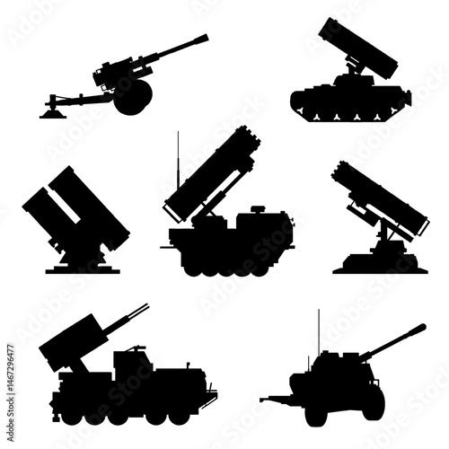 Set of silhouettes of missile launchers, rocket systems, and mobile artillery vehicles with turrets and canons, symbolizing modern warfare, weapon systems, and battlefield machinery. War visuals
