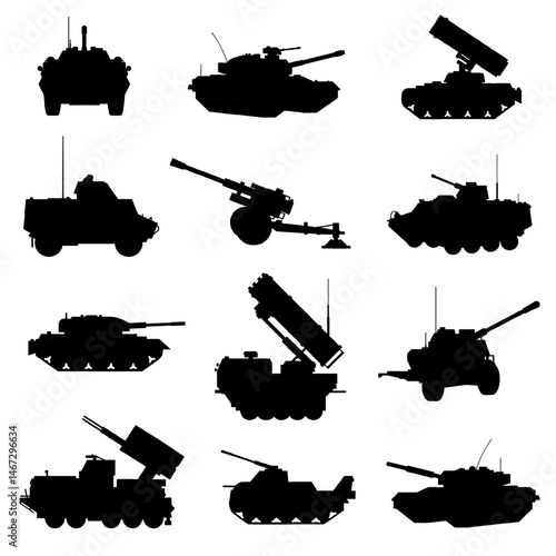 Diverse military vehicle silhouettes. Collection of tanks, artillery, rocket launchers, armored cars. Various angles: front, side. Isolated icons for war, army, conflict, defense, battlefield concepts