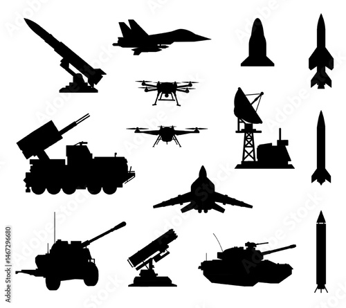 Silhouettes of missiles, tanks, drones, fighter jets, radars, and mobile rocket launchers isolated on transparent background. Modern battlefield machinery, strategic military technology. War visuals
