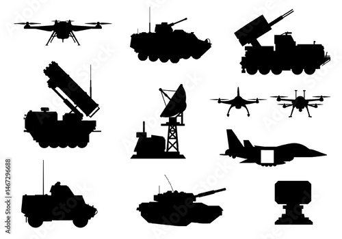 Set of silhouettes of tanks, drones, launchers, jets, radar stations, missiles, and ground vehicles used in modern warfare, highlighting military strength and equipment variety. Transparent background