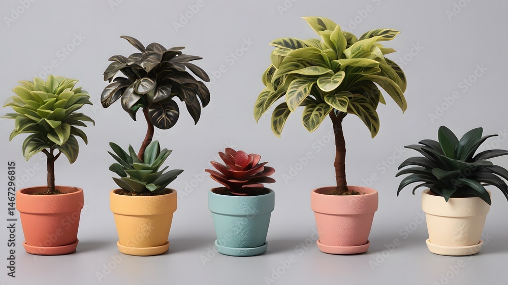 Fototapeta premium Colorful Potted Plants Home Decor Artificial Green Plants Set for Interior Design