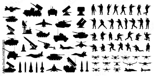 Comprehensive military silhouette set - soldiers in combat poses, tanks, fighter jets, various drones, missiles, rocket launchers, artillery, and radar systems. Vector icons for war, army, conflict