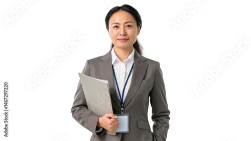 Professional woman in a business suit holding a laptop and ID badge. transparent background.