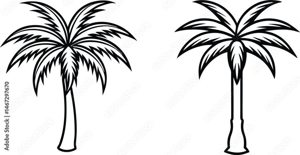 Obraz premium Tropical Sunset Palm Tree Silhouette Set – Beach Landscape Vector Collection, Black Palm Tree Silhouette Icons Set – Tropical Beach Vector Collection, summer silhouette vector icon set. 