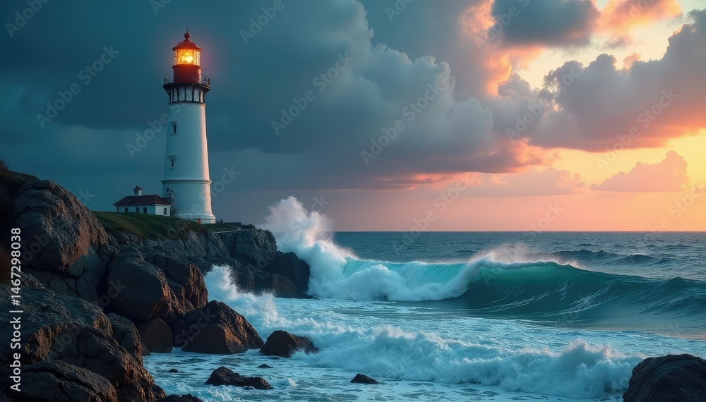 Obraz premium Lighthouse standing tall against a dramatic, stormy sea Waves crash against the rocks below , cliff, dark, powerful