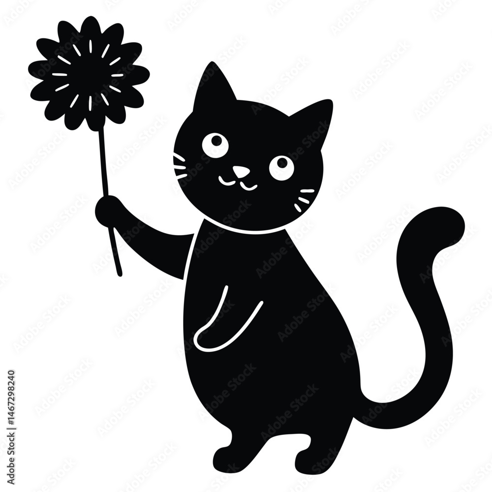 Fototapeta premium Adorable Black Cat Holding a Flower Cute Pet Illustration