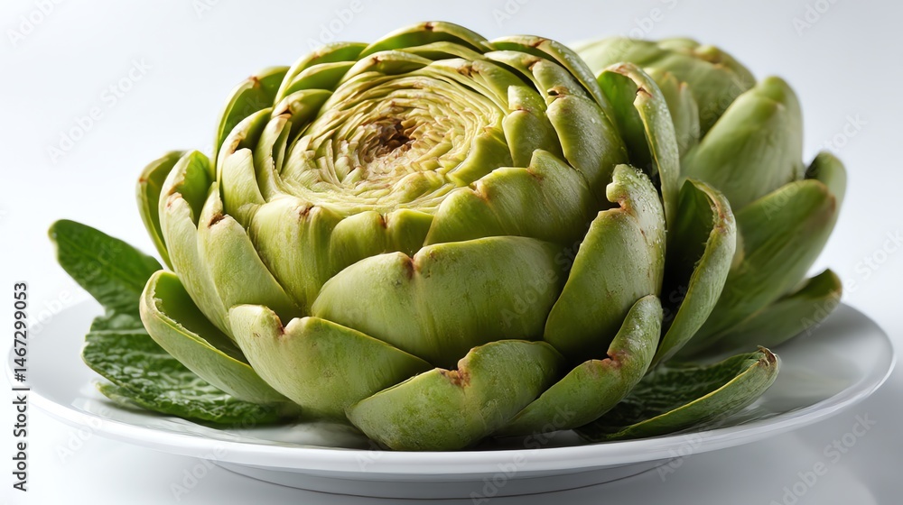 Obraz premium Close-up of a fresh green artichoke with tightly packed leaves. Perfect for healthy food, vegan diet, botanical themes, and organic vegetable designs.