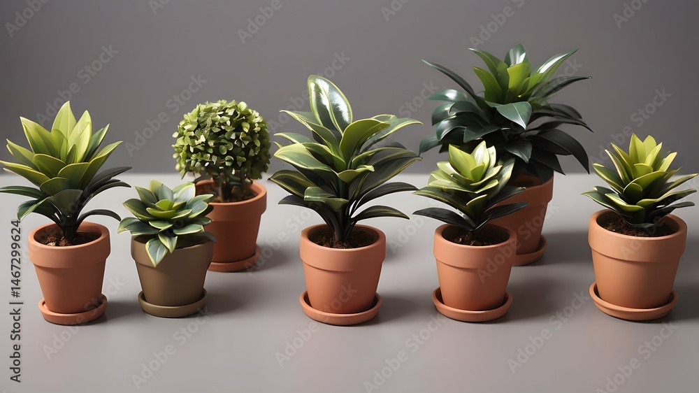 Fototapeta premium Potted Plants Home Decor Terracotta Pots with Various Green Houseplants