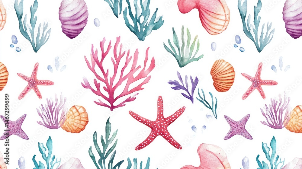 Watercolor seamless pattern with starfish, seashells, and seaweed on white background. Watercolor seamless pattern with starfish, seashells, and seaweed on white background.
