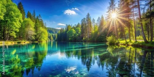 Serene lake on clear blue water surface with submerged trees and sun shining through the ripples, landscape, forest