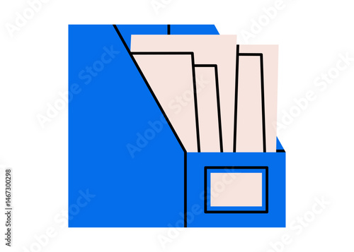 Hand drawn cute illustration of file archive with papers. Flat vector information storage doodle. Data management icon. Folder with office files. Database storage. Isolated.