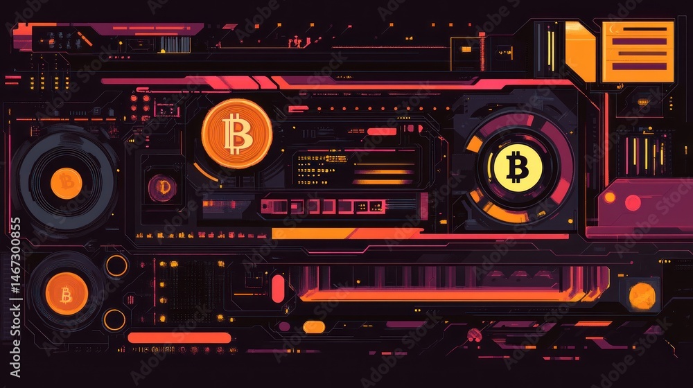 Fototapeta premium Futuristic Bitcoin mining interface with digital currency symbols and circuit board design.