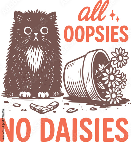Cute Kitten Chaos: A charming illustration of a mischievous kitten amidst a humorous mishap. Daisies spill from a toppled pot, illustrating a playful accident