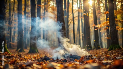 Fototapeta Naklejka Na Ścianę i Meble -  Dense forest with smoke in soft focus amidst fallen leaves , autumn, smoke,  autumn, smoke, nature, leaf, earthy tones