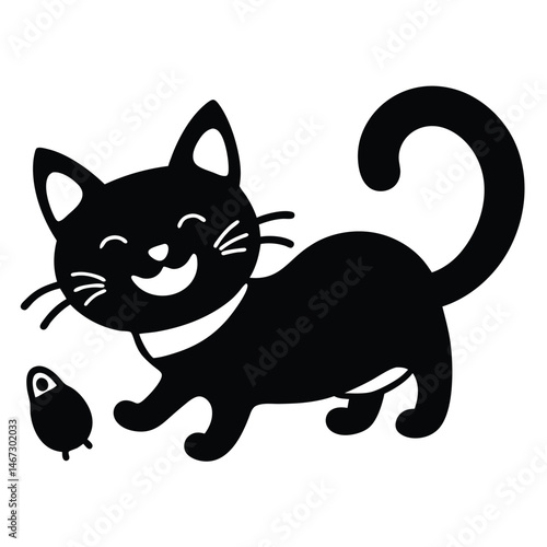 Adorable Black Cat Playing with Bird Cute Kitten Illustration