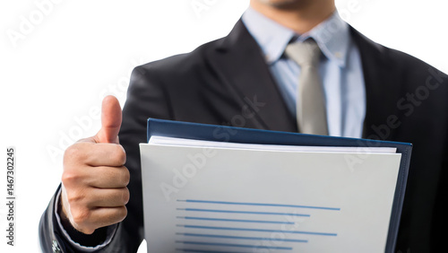 Businessman giving a thumbs up while holding documents. transparent background.