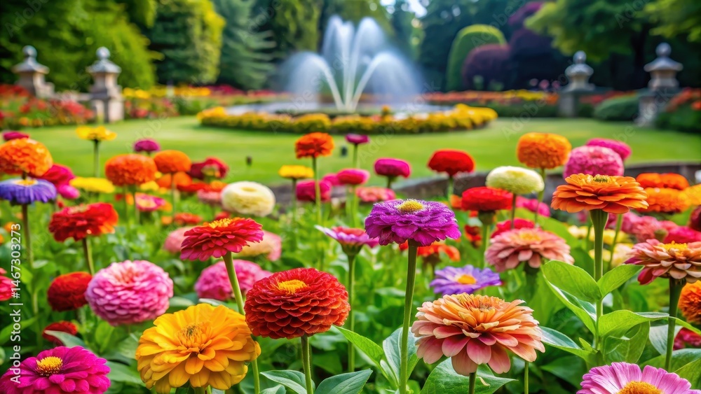 Obraz premium Colorful Zinnia flowers in a formal garden with neatly manicured lawns and fountains , formal gardening, flower arrangement