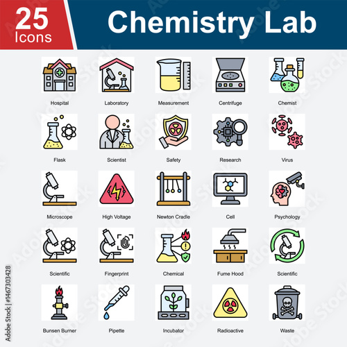 Chemistry Lab is a collection of icons representing laboratory equipment, chemical research, safety protocols, and scientific procedures used in analyzing chemicals, biology, and medical experiments.